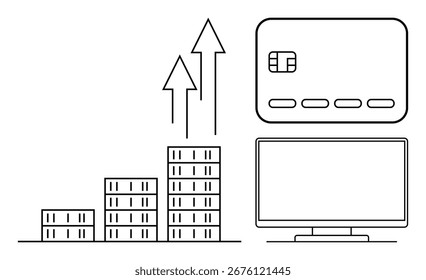 Bar chart showing increasing growth, credit card, computer monitor, and upward arrows symbolize financial advancement. Ideal for finance, business, technology, banking, investment e-commerce