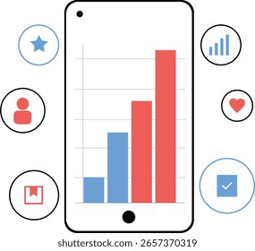 Gráfico de barras que muestra el aumento de las horas de uso de App móviles con iconos de teléfonos inteligentes y App en un diseño plano mínimo limpio para análisis e informes técnicos