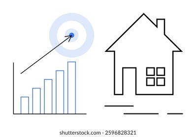 Bar chart showing upward growth with arrow hitting target, beside a minimalist house icon. Ideal for business goals, market analysis, real estate, investment opportunities, financial growth, success