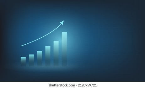 gráfico de barras muestra información de crecimiento de beneficios para la planificación de estrategias y flecha de tendencia ascendente sobre fondo azul con espacio de copia