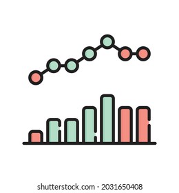 Ilustración del vector de iconos de estadísticas de gráfico de barras. Dibujo de esquema plano. Concepto de icono de Business Analytics Vector Premium aislado