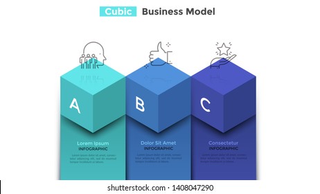 Bar chart with three colorful cubic elements. Concept of business model with 3 steps of company's progress and development. Modern infographic design template. Vector illustration for presentation.