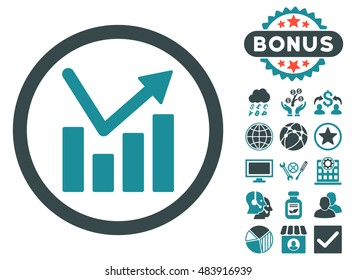 Bar Chart Trend icon with bonus symbols. Vector illustration style is flat iconic bicolor symbols, soft blue colors, white background.
