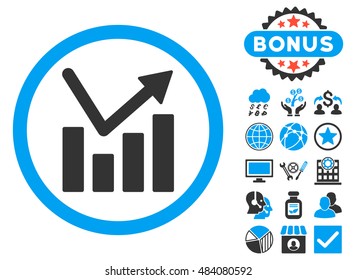 Bar Chart Trend icon with bonus pictogram. Vector illustration style is flat iconic bicolor symbols, blue and gray colors, white background.