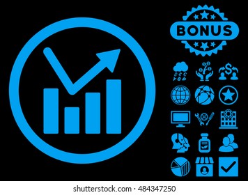 Bar Chart Trend icon with bonus symbols. Vector illustration style is flat iconic symbols, blue color, black background.