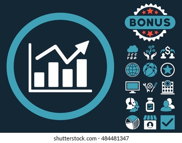 Bar Chart Trend icon with bonus images. Vector illustration style is flat iconic bicolor symbols, blue and white colors, dark blue background.