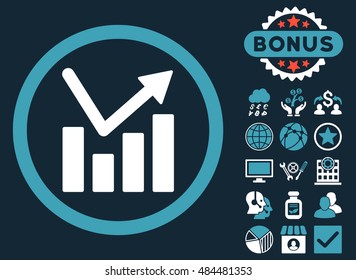 Bar Chart Trend icon with bonus pictures. Vector illustration style is flat iconic bicolor symbols, blue and white colors, dark blue background.