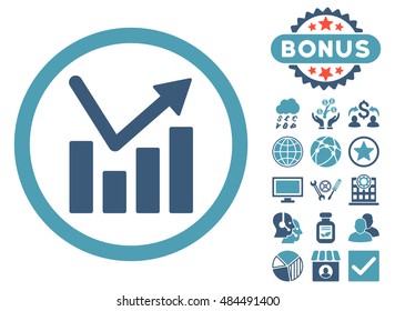Bar Chart Trend icon with bonus elements. Vector illustration style is flat iconic bicolor symbols, cyan and blue colors, white background.
