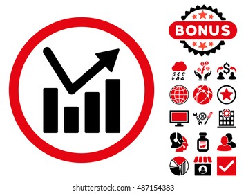 Bar Chart Trend icon with bonus symbols. Vector illustration style is flat iconic bicolor symbols, intensive red and black colors, white background.