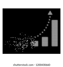 Bar chart trend icon with disappearing effect on black background. White cells are combined into vector disappearing halftone bar chart trend shape. Disappearing effect uses small round dots.