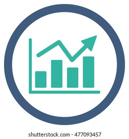 Bar Chart Trend vector bicolor rounded icon. Image style is a flat icon symbol inside a circle, cobalt and cyan colors, white background.