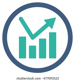 Bar Chart Trend vector bicolor rounded icon. Image style is a flat icon symbol inside a circle, cobalt and cyan colors, white background.