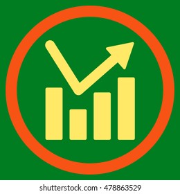 Bar Chart Trend vector bicolor rounded icon. Image style is a flat icon symbol inside a circle, orange and yellow colors, green background.