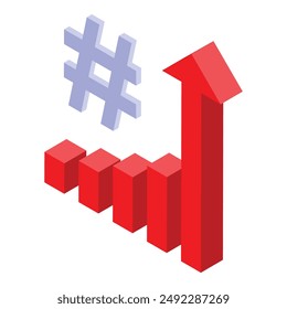 Bar chart trending upwards with a hashtag symbol floating above showing the increasing popularity of hashtag marketing