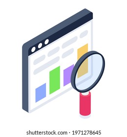 Bar chart under magnifying glass on web page, web analysis icon