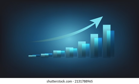 gráfico de barras con flecha de tendencia ascendente sobre fondo de iluminación azul. concepto de crecimiento empresarial y eficacia de la planificación financiera. ilustración vectorial