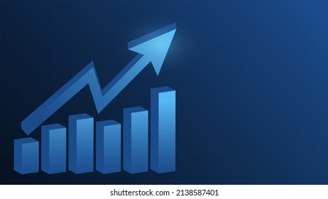 gráfico de barras con flecha de tendencia ascendente sobre fondo azul con concepto de crecimiento del negocio del espacio de copia