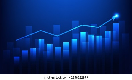 bar chart with uptrend arrow show  growth of business performance and profit of investment on blue background