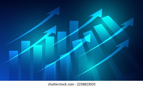 gráfico de barras con flecha de tendencia ascendente muestra el crecimiento del rendimiento empresarial y el beneficio de la inversión en fondo azul