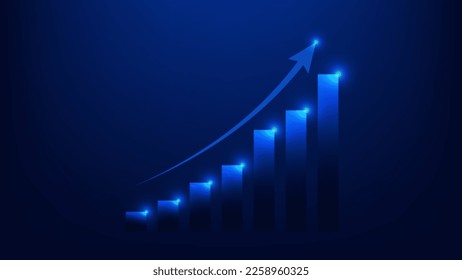 bar chart with uptrend arrow show  growth of business performance and profit of investment on blue background