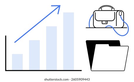Bar chart with upward arrow, briefcase, folder. Ideal for business growth, success, professional development, corporate planning, productivity, data analysis, and office themes. Line metaphor