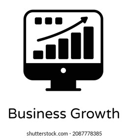 Bar chart with upward arrow inside monitor, business growth icon