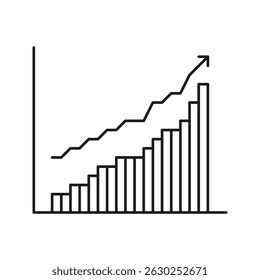 Bar Chart With Upward Arrow Line Icon. Financial Growth, Business Success, And Data Analysis Outline Symbol. Economic Progress And Performance Tracking. Editable Stroke. Isolated Vector Illustration.