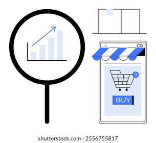 Bar chart with upward arrow in magnifying glass, packages, and smartphone with shopping cart and buy button. Ideal for e-commerce, online shopping, business analytics, market trends, and shipping