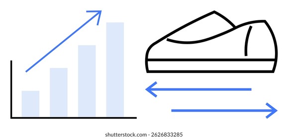 Bar chart with upward trend next to a shoe silhouette with arrows indicating movement. Ideal for business growth, market analysis, logistics, e-commerce, retail, transportation, and milestones. Line
