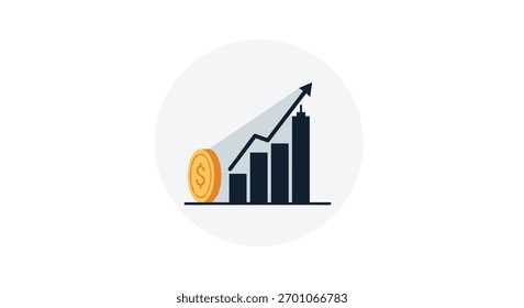 Gráfico de barras con una flecha de tendencia ascendente junto a una moneda de oro en dólares, que ilustra el crecimiento financiero, los rendimientos de la inversión y el éxito económico.