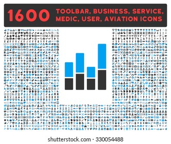 Bar Chart vector icon and 1600 other business, service tools, medical care, software toolbar, web interface pictograms. Style is bicolor flat symbols, blue and gray colors, rounded angles, white