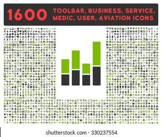Bar Chart vector icon and 1600 other business, service tools, medical care, software toolbar, web interface pictograms. Style is bicolor flat symbols, eco green and gray colors, rounded angles, white