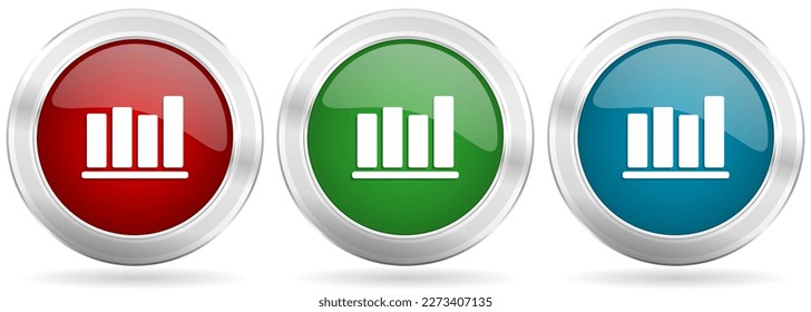 Bar chart vector icon set. Red, blue and green silver metallic web buttons with chrome border.