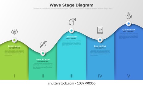 Bar Chart Or Wave Stage Diagram With 5 Colorful Columns, Curved Line, Linear Icons And Place For Text. Concept Of Business Analytics Visualization. Infographic Design Template. Vector Illustration