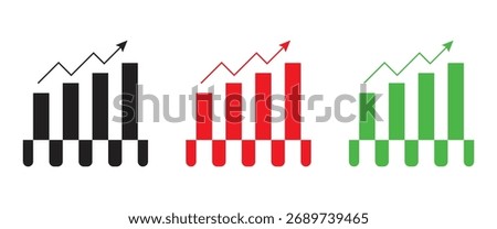 Bar charts in black, red, and green, showing a positive upward trend represented by a zigzag arrow