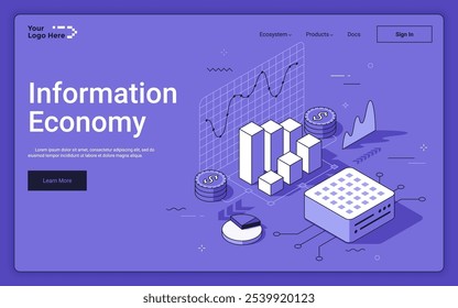 Bar charts infographic with coins and server on purple background. Information economy isometric landing page template. Business activity analytics technology 3d vector illustration for web page.