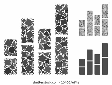Bar charts mosaic of humpy elements in variable sizes and shades, based on bar charts icon. Vector tuberous elements are combined into mosaic. Bar charts icons collage with dotted pattern.