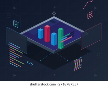 Gráficos de barras mostram tendências de dados em uma configuração digital. Linhas de código rodeiam os gráficos, destacando a conexão entre dados e programação. Esta cena representa a análise de dados.