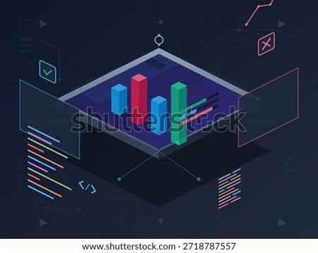 Bar charts show data trends in a digital setup. Lines of code surround the charts, highlighting the connection between data and programming. This scene represents data analysis.