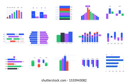 Bar charts. Trends statistic graphic, timeline chart and business infographics elements vector set. Company profit graph. Financial and stock market presentation infocharts on white background