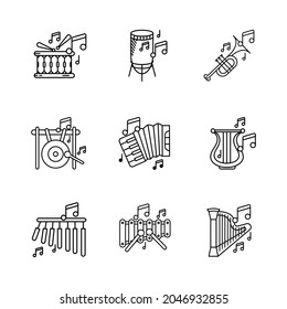 Bar chimes, big gong, percussion, accordion, harp instrument, xylophone and musical notes icon set. Entertainment and music icon. Set of percussion instruments. Editable row set. Linear icon set.