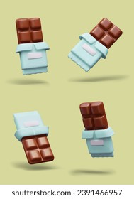 Bar of chocolate is divided into square sectors. Opened sweets, half unfolded wrapper. White label for brand, logo, inscription, mockup. Aromatic sweet dessert