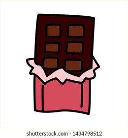 
The bar of chocolate in an open pink packaging. Vector cartoon illustration. Hand-drawn image