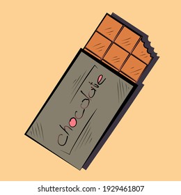 A bar of chocolate in a package. Take a bite of chocolate. Gray packaging. Vector illustration. In a flat style. Against a dark background.
