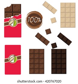 Bar of chocolate set. Sealed and open wrap. Milk, white and darc cocoa chocolate square.