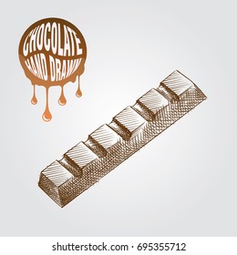 Bar of chocolate sketch style isolated on white background. Retro style vector illustration poster.
