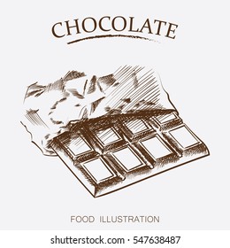 Bar of chocolate sketch style vector illustration on white background. Retro style vector illustration poster.