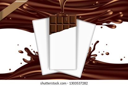 A bar of chocolate in a torn white package on a  liquid chocolate texture background.