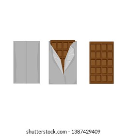 A bar of chocolate wrapped in foil that is opened. Three pictures are shown in stages. Drawn in the style of realism.