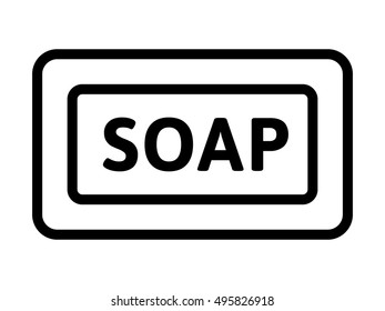 Bar of cleaning soap with word line art vector icon for apps and websites